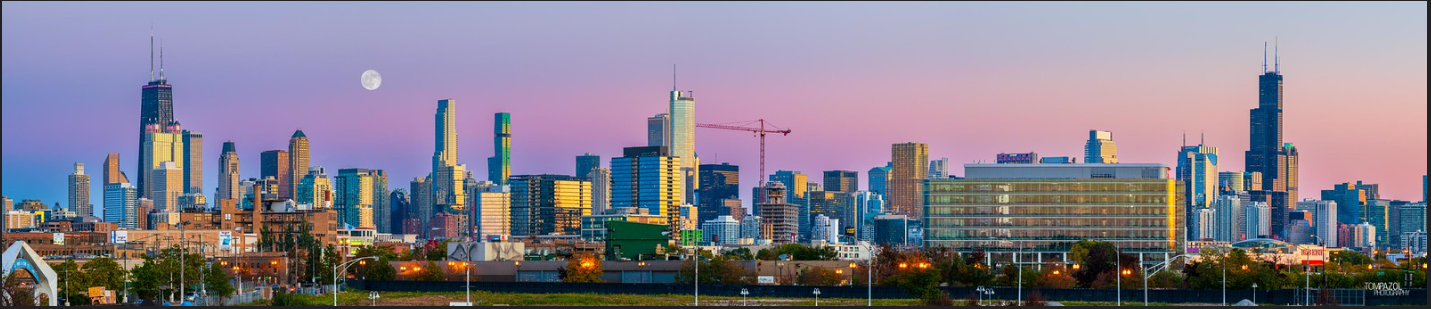 Chicago skyline across the city at dusk